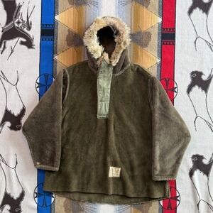 Vintage US Military Pile Field Parka Liner Hooded Fleece Jacket Olive Drab Large